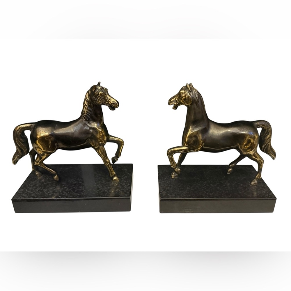 Vintage Pair of Regula Bronze Horse Bookends Mounted on Black Marble Bases